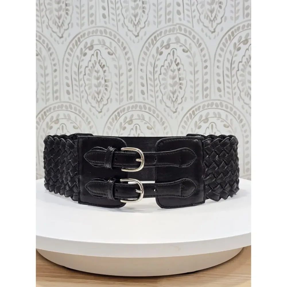 Goth Retro Women's size Small Wide Black Woven Waist Belt Double Buckle Stretch